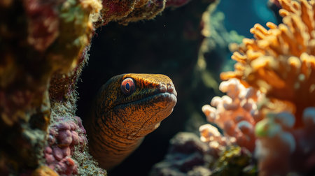 A moray eel peeking out from its hiding place in a coral crevice, creating a sense of mystery in the underwater scene.の素材