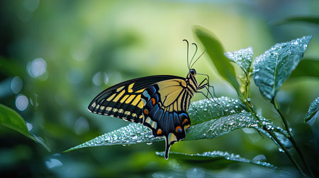 A swallowtail butterfly gently resting on a leaf in a lush green garden, surrounded by morning dew.の素材