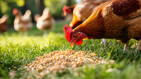 Free-range chickens pecking at freshly spread grains in a grassy field, symbolizing natural feeding practices.の素材