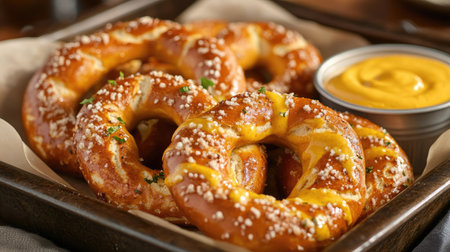 A tray of freshly baked soft pretzels, served with cheese dip and mustard for a classic fast food treat.の素材