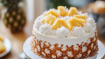 A tropical-themed birthday cake topped with pineapple slices and coconut flakes, capturing a summery, festive vibe.の素材