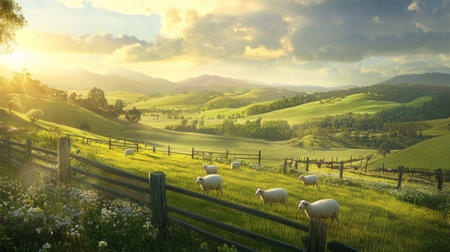 Sheep grazing in a large sun-drenched meadow, surrounded by rolling hills and farm fences.の素材