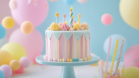 A pastel-colored birthday cake with whimsical fondant decorations, perfect for a fun and imaginative celebration.の素材