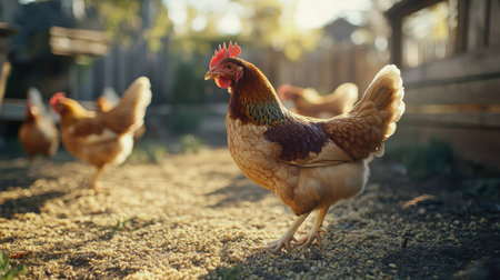 Free-range chickens feeding on freshly scattered grain in a sunny yard, promoting healthy, natural diets.の素材