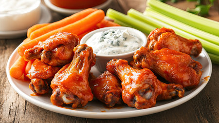 A plate of buffalo wings with a side of blue cheese dip, surrounded by celery sticks and carrots.の素材