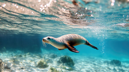 A sea lion swimming playfully through crystal-clear waters, diving through the waves with effortless grace.の素材
