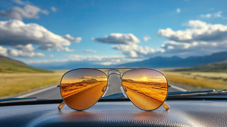 A pair of aviator sunglasses on the dashboard of a car, with a scenic road trip view ahead.の素材
