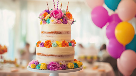 A three-tiered birthday cake with vibrant frosting and edible flowers, standing on a party table with balloons in the background.の素材