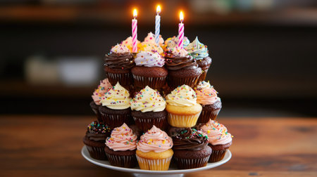 A stack of cupcakes arranged like a birthday cake, each topped with a single candle, creating a unique and fun display.の素材