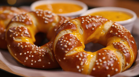 A tray of freshly baked soft pretzels, served with cheese dip and mustard for a classic fast food treat.の素材