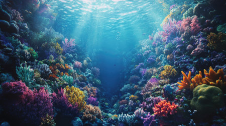 An underwater view of a coral reef wall, teeming with marine life and vibrant with colorful corals.の素材