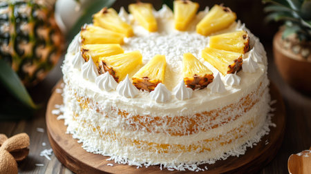 A tropical-themed birthday cake topped with pineapple slices and coconut flakes, capturing a summery, festive vibe.の素材