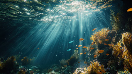 An underwater view of sunlight filtering through the waters surface, illuminating the ocean depths and surrounding sea life.の素材