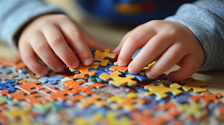 Close-up of a childs hands assembling a simple puzzle, enhancing fine motor skills and cognitive development.の素材