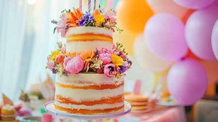 A three-tiered birthday cake with vibrant frosting and edible flowers, standing on a party table with balloons in the background.の素材