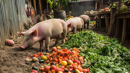 Fresh fruit and vegetable scraps being offered as supplementary feed to pigs on an eco-friendly farm.の素材