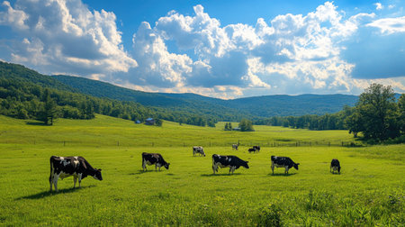 Cows grazing peacefully in a lush, green pasture under a bright, sunny sky on a rural farm.の素材