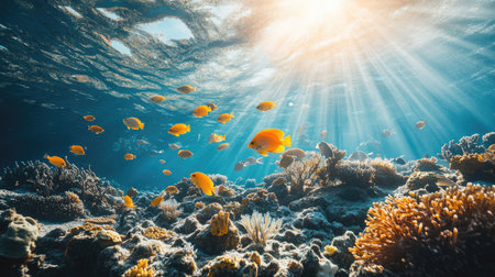 A school of tropical fish gliding through clear blue waters above a coral bed, surrounded by sunlit ocean rays.の素材