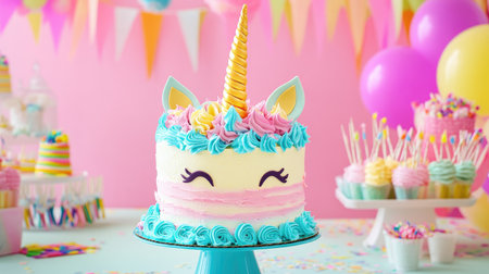 A unicorn-themed birthday cake with pastel rainbow frosting, horn, and ears, set on a vibrant party table.の素材