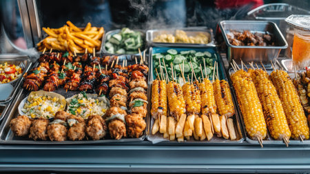 A variety of street food including loaded fries, grilled corn, and skewers, arranged on a food truck counter.の素材