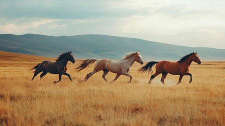 Horses running freely in an open field, their coats gleaming in the midday sun.の素材