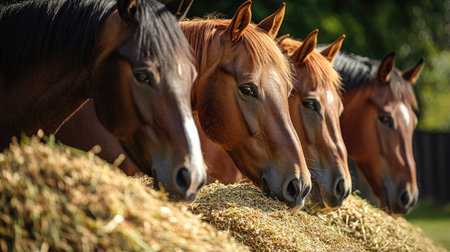Horses being fed a mix of fresh hay and oats, ensuring a balanced diet for energy and health.の素材