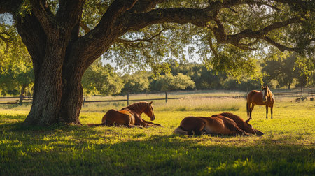 Horses resting under a tree, soaking in the warmth of the sun in a tranquil farm setting.の素材