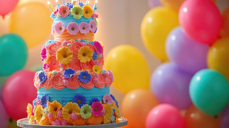 A three-tiered birthday cake with vibrant frosting and edible flowers, standing on a party table with balloons in the background.の素材