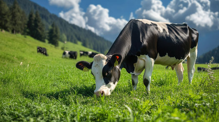 Cows in a green field grazing on fresh grass, highlighting pasture-based feeding systems.の素材