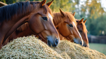 Horses being fed a mix of fresh hay and oats, ensuring a balanced diet for energy and health.の素材