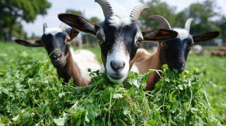 Goats eagerly eating fresh hay and clover in a pasture, representing sustainable, organic feeding practices.の素材