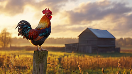 A rooster standing tall on a fence post, crowing in the morning sun with a barn behind.の素材