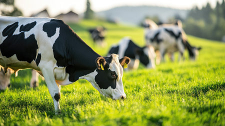 Cows in a green field grazing on fresh grass, highlighting pasture-based feeding systems.の素材