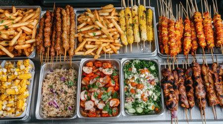 A variety of street food including loaded fries, grilled corn, and skewers, arranged on a food truck counter.の素材