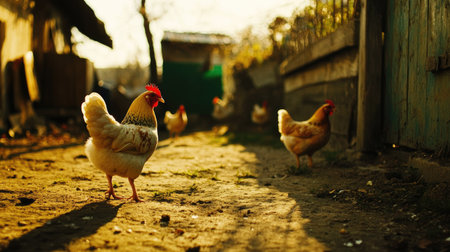 Chickens wandering freely in an open yard, basking in the warm sun, pecking at the ground for food.の素材