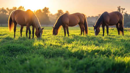 Horses grazing on fresh pasture grass in the early morning, representing the health benefits of natural feeding.の素材
