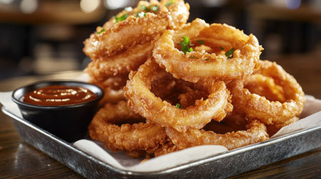A tray of deep-fried onion rings stacked high, served with a side of barbecue and ranch dipping sauces.の素材