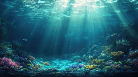 A peaceful underwater landscape with rays of sunlight breaking through the water and illuminating a coral reef below.の素材