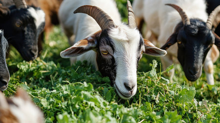 Goats eagerly eating fresh hay and clover in a pasture, representing sustainable, organic feeding practices.の素材