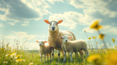 A mother sheep with her lambs, standing under a sunny sky in an open meadow.の素材