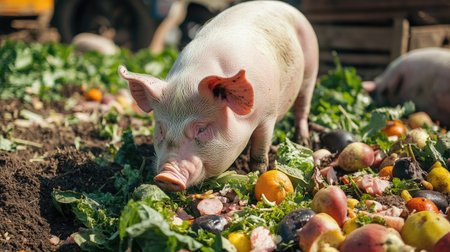 Fresh fruit and vegetable scraps being offered as supplementary feed to pigs on an eco-friendly farm.の素材