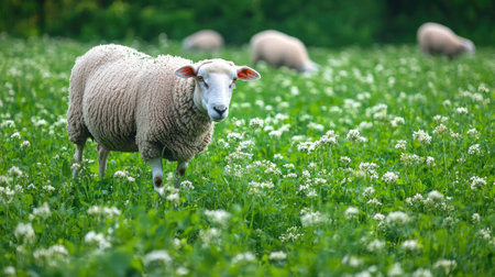 Sheep grazing on fresh clover and grasses in an open pasture, promoting healthy, sustainable farming practices.の素材