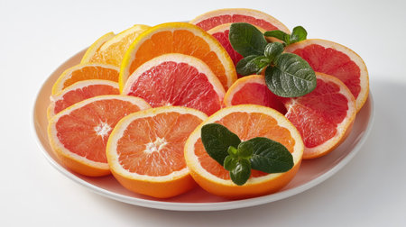 A plate of orange and grapefruit slices, ready to serve for a refreshing, vitamin-packed snack.の素材