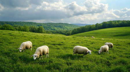 Sheep grazing on lush, green pasture under a bright sky, symbolizing fresh, natural feeding methods.の素材