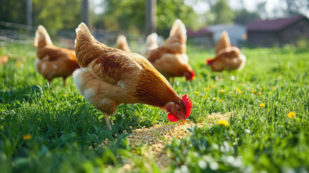 Free-range chickens pecking at freshly spread grains in a grassy field, symbolizing natural feeding practices.の素材