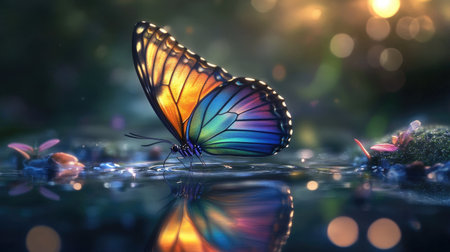 A stunning butterfly with iridescent wings gliding over a sparkling pond, reflecting in the water below.の素材