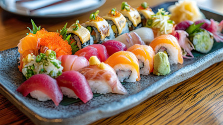 A beautifully arranged sushi platter featuring sashimi, nigiri, and colorful rolls, garnished with wasabi and pickled ginger.の素材