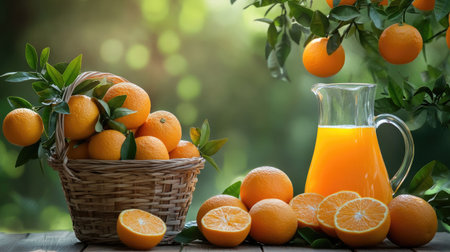 A basket of freshly picked oranges next to a pitcher of orange juice, with a natural outdoor background.の素材