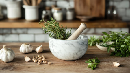 A beautiful marble mortar and pestle set sitting on a wooden counter, surrounded by fresh herbs and garlic cloves.の素材