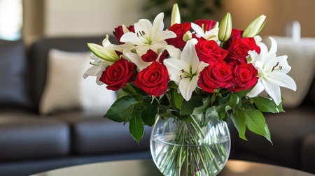 A beautiful bouquet of bright red roses and white lilies, arranged in a simple glass vase on a modern table.の素材